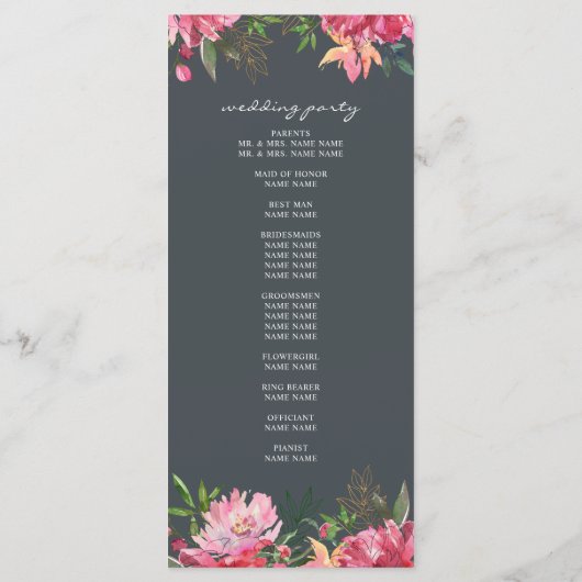 Ruby Pink Peony Botanical Wedding Programmakaart (Achterkant)
