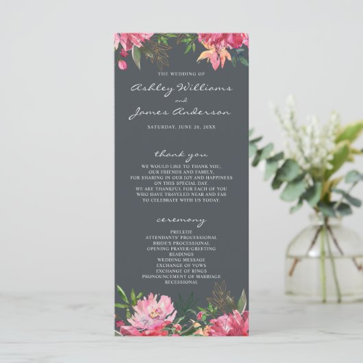 Ruby Pink Peony Botanical Wedding Programmakaart (Staand voorkant)