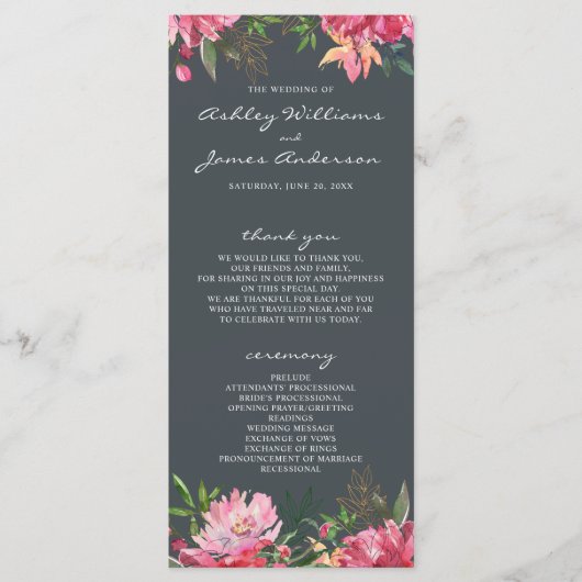 Ruby Pink Peony Botanical Wedding Programmakaart (Voorkant)
