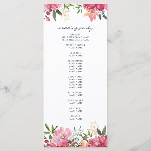 Ruby Pink Peony Botanical Wedding Programmakaart (Achterkant)