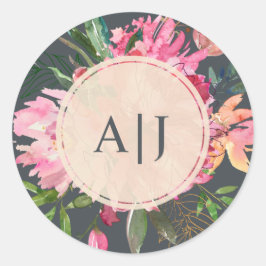 Ruby Pink Peony Floral Botanical Monogram Ronde Sticker