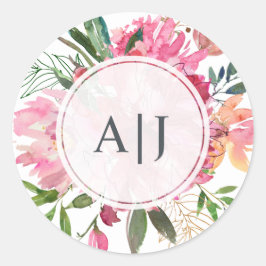 Ruby Pink Peony Floral Botanical Monogram Ronde Sticker