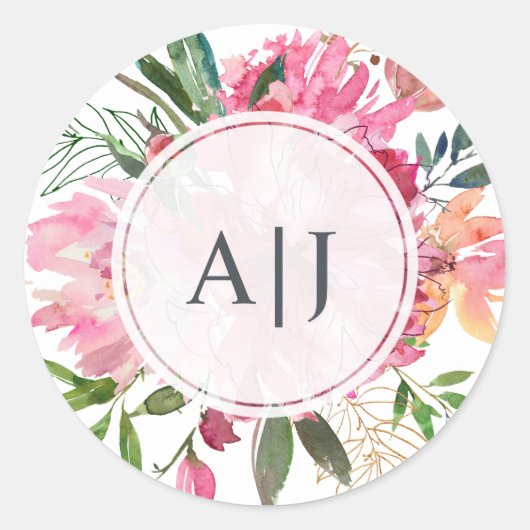 Ruby Pink Peony Floral Botanical Monogram Ronde Sticker (Voorkant)