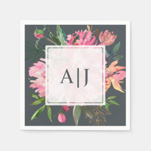 Ruby Pink Peony Floral Botanical Monogram Servet