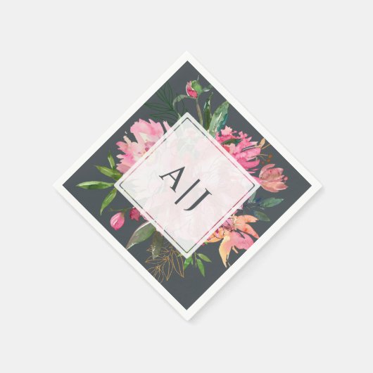 Ruby Pink Peony Floral Botanical Monogram Servet (Hoek)