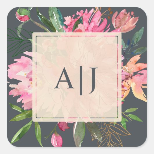 Ruby Pink Peony Floral Botanical Monogram Vierkante Sticker (Voorkant)
