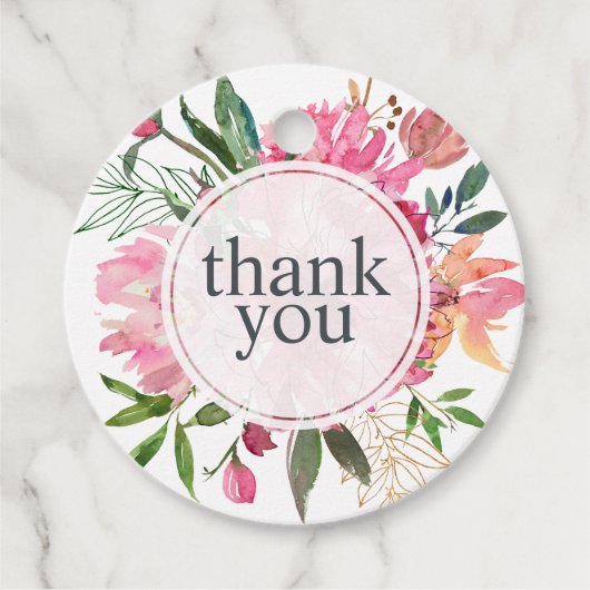 Ruby Pink Peony Floral Botanical Weddenschap Bedan Bedankjes Labels (Voorkant)