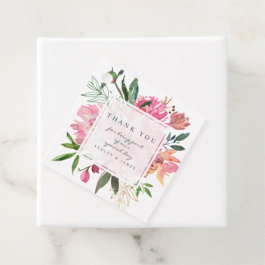 Ruby Pink Peony Floral Botanical Weddenschap Bedan Bedankjes Labels (In situ)