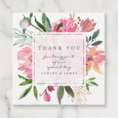 Ruby Pink Peony Floral Botanical Weddenschap Bedan Bedankjes Labels (Voorkant)