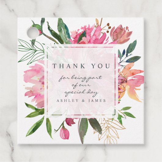 Ruby Pink Peony Floral Botanical Weddenschap Bedan Bedankjes Labels (Voorkant)