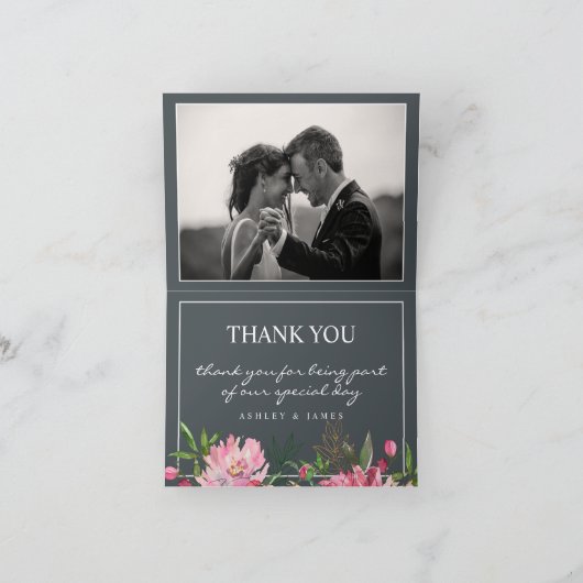 Ruby Pink Peony Floral Botanical Wedding Foto Bedankkaart (Binnen)