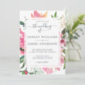 Ruby Pink Peony Floral Botanical Wedding Kaart (Staand voorkant)