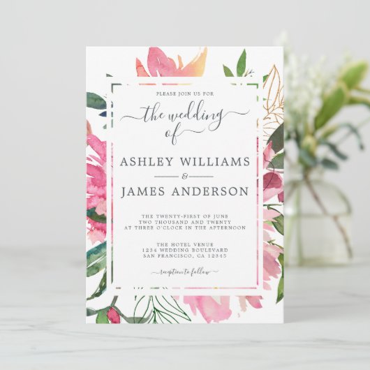 Ruby Pink Peony Floral Botanical Wedding Kaart (Staand voorkant)
