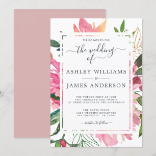 Ruby Pink Peony Floral Botanical Wedding Kaart