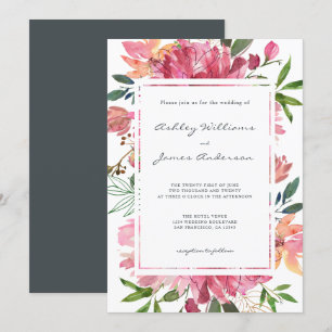 Ruby Pink Peony Floral Botanical Wedding Kaart