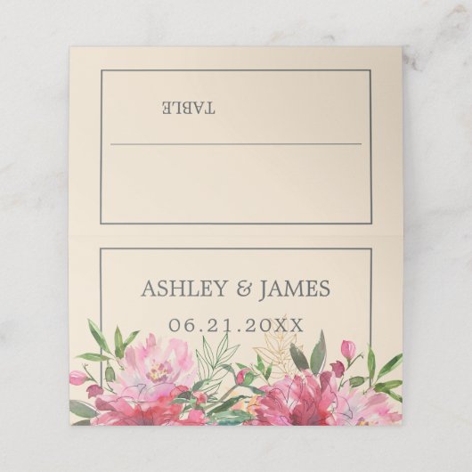 Ruby Pink Peony Floral Botanical Wedding Plaatskaartje (Buitenkant ongevouwen)