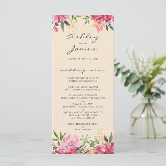 Ruby Pink Peony Floral Ivory Wedding Menu (Staand voorkant)
