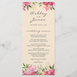 Ruby Pink Peony Floral Ivory Wedding Menu