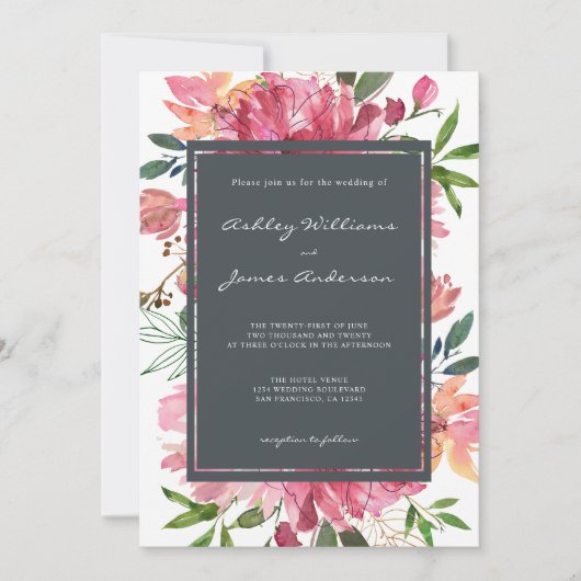 Ruby Pink Peony Floral Wedding Kaart (Voorkant)