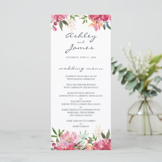 Ruby Pink Peony Floral Wedding Menu (Staand voorkant)
