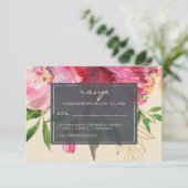 Ruby Pink Peony Ivory Floral Wedding RSVP Kaartje (Staand voorkant)
