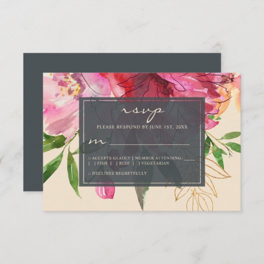 Ruby Pink Peony Ivory Floral Wedding RSVP Kaartje (Voorkant / Achterkant)