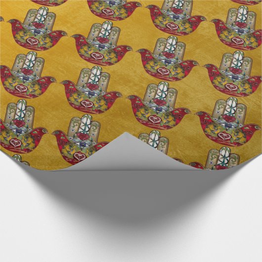 Ruby Pomegranate Heart Red Bird Hamsa Cadeaupapier (Hoek)