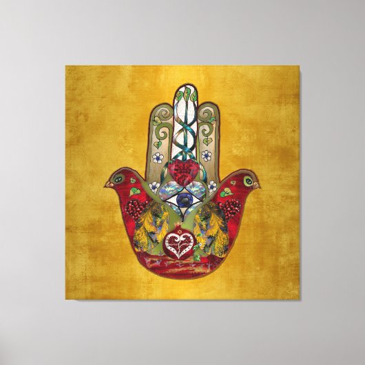 Ruby Pomegranate Heart Red Bird Hamsa Canvas Afdruk (Voorkant)