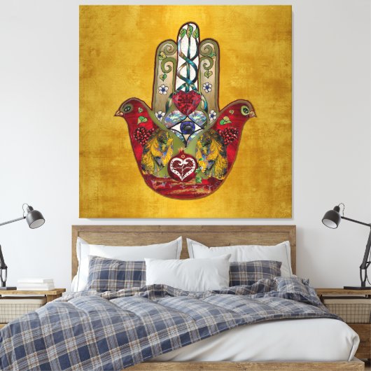 Ruby Pomegranate Heart Red Bird Hamsa Canvas Afdruk (Insitu (Slaapkamer))