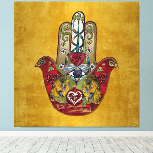Ruby Pomegranate Heart Red Bird Hamsa Canvas Afdruk (Insitu (Houten vloer))