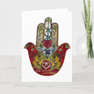 Ruby Pomegranate Heart Red Bird Hamsa Feestdagen Kaart