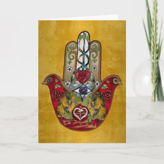 Ruby Pomegranate Heart Red Bird Hamsa Feestdagen Kaart (Voorkant)