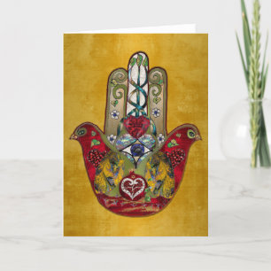 Ruby Pomegranate Heart Red Bird Hamsa Feestdagen Kaart