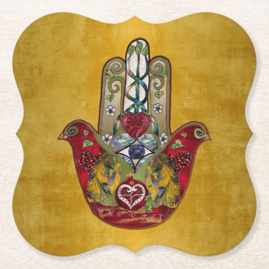 Ruby Pomegranate Heart Red Bird Hamsa Kartonnen Onderzetters (Voorkant)