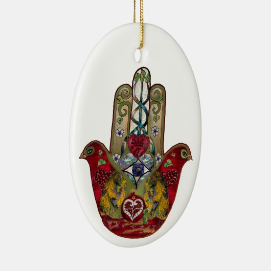Ruby Pomegranate Heart Red Bird Hamsa Keramisch Ornament (Rechts)