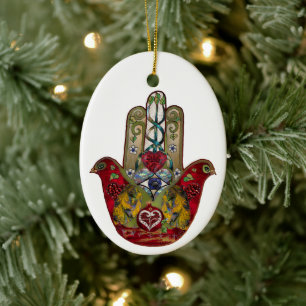 Ruby Pomegranate Heart Red Bird Hamsa Keramisch Ornament