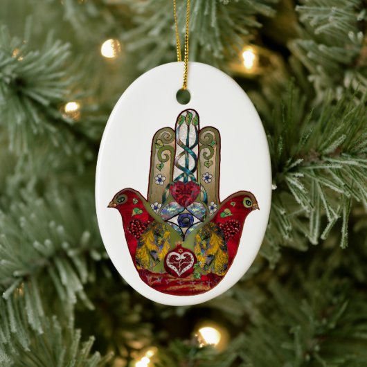Ruby Pomegranate Heart Red Bird Hamsa Keramisch Ornament (Boom)