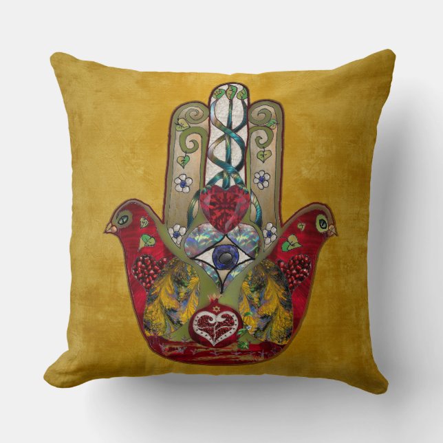 Ruby Pomegranate Heart Red Bird Hamsa Kussen (Voorkant)