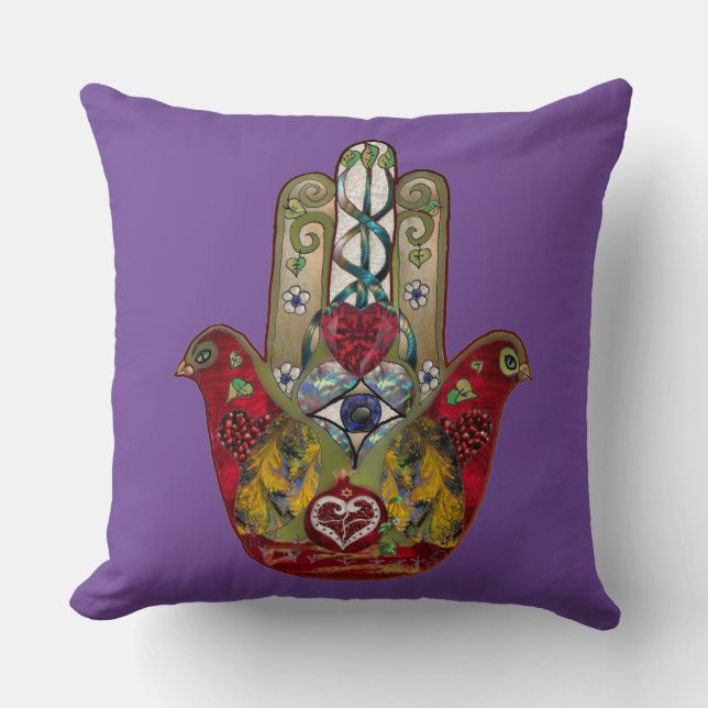 Ruby Pomegranate Heart Red Bird Hamsa Kussen (Voorkant)