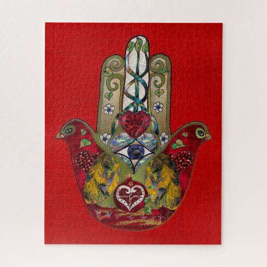 Ruby Pomegranate Heart Red Bird Hamsa Legpuzzel (Verticaal)