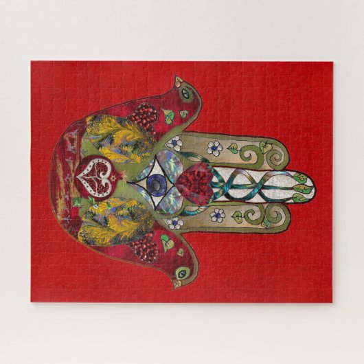 Ruby Pomegranate Heart Red Bird Hamsa Legpuzzel (Horizontaal)