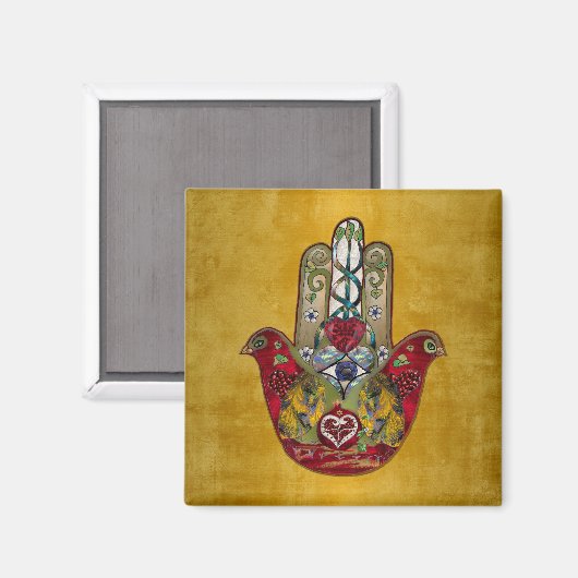 Ruby Pomegranate Heart Red Bird Hamsa Magneet (Voorkant / Achterkant)