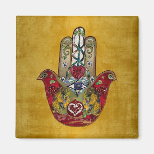 Ruby Pomegranate Heart Red Bird Hamsa Magneet (Voorkant)