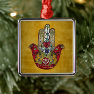 Ruby Pomegranate Heart Red Bird Hamsa Metalen Ornament