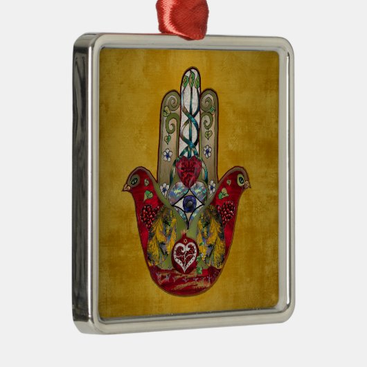 Ruby Pomegranate Heart Red Bird Hamsa Metalen Ornament (Rechts)