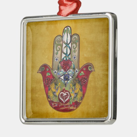Ruby Pomegranate Heart Red Bird Hamsa Metalen Ornament (Links)