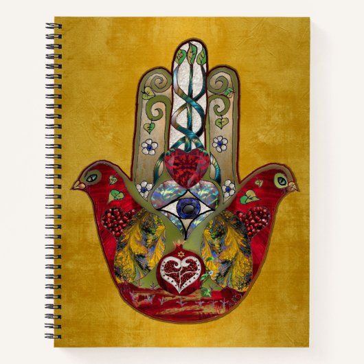 Ruby Pomegranate Heart Red Bird Hamsa Notitieboek (Voorkant)