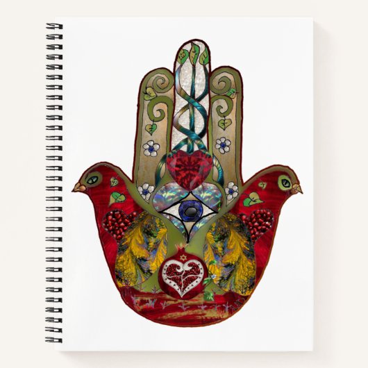 Ruby Pomegranate Heart Red Bird Hamsa Notitieboek (Voorkant)