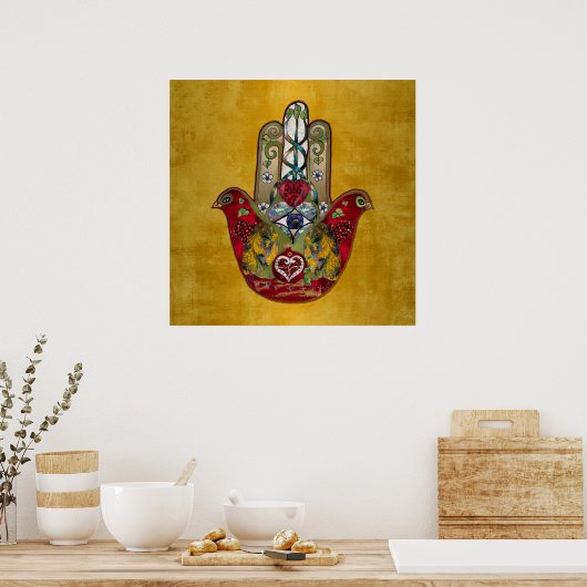 Ruby Pomegranate Heart Red Bird Hamsa Poster (Keuken)