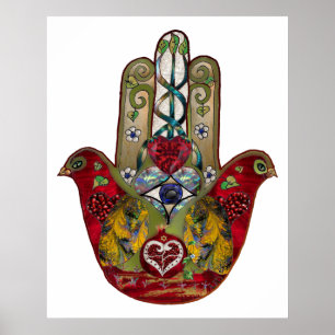 Ruby Pomegranate Heart Red Bird Hamsa Poster